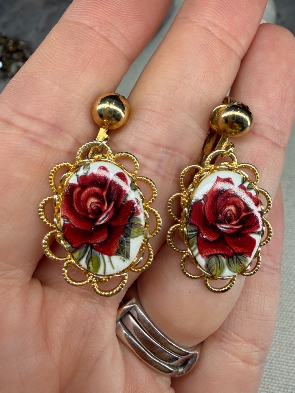 Vintage Victorian Revival Clip Earrings Rose Cameo Filigree Setting Jewelry